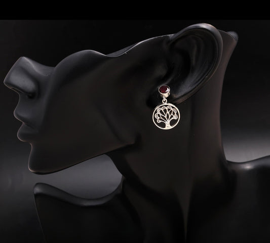 925 Silver Tree of Life Garnet Drop Earrings