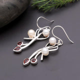 925 Silver Pearl and Garnet Dangle Earrings
