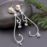 925 Silver Citrine and Crystal Quartz Long Swirl Earrings
