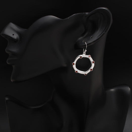 925 Silver Circle Garnet Dangle Earrings