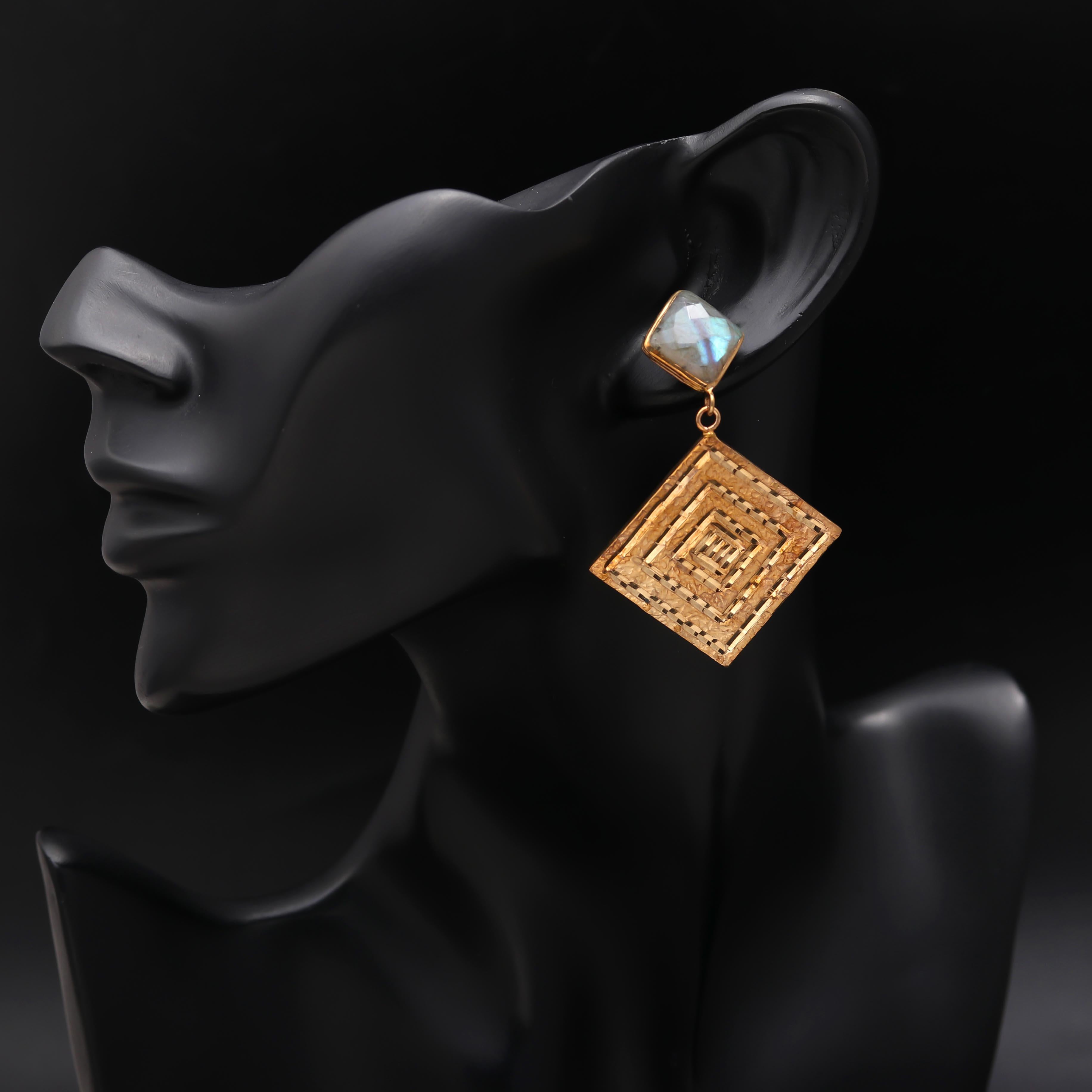 Brass Labradorite Stud Earrings with Hammered Texture Engraving