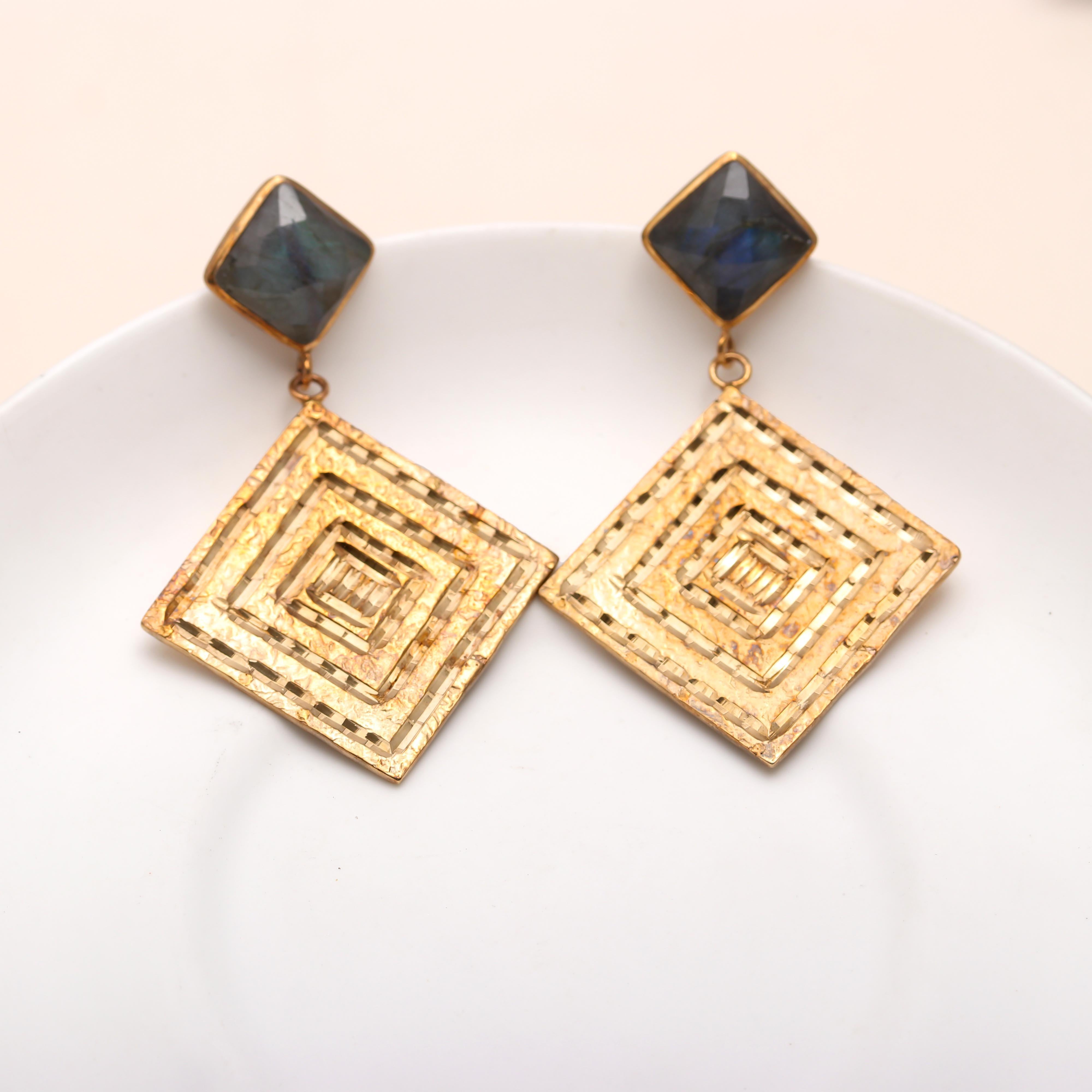 Brass Labradorite Stud Earrings with Hammered Texture Engraving