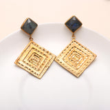 Brass Labradorite Stud Earrings with Hammered Texture Engraving
