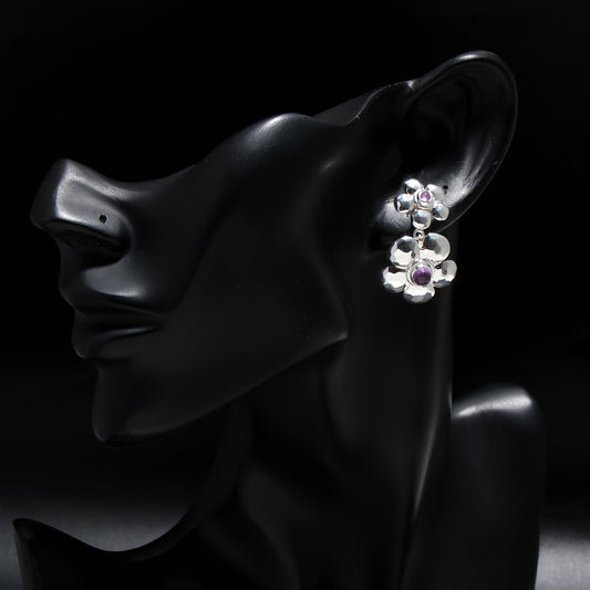 925 Silver Double Flower Amethyst Drop Earrings