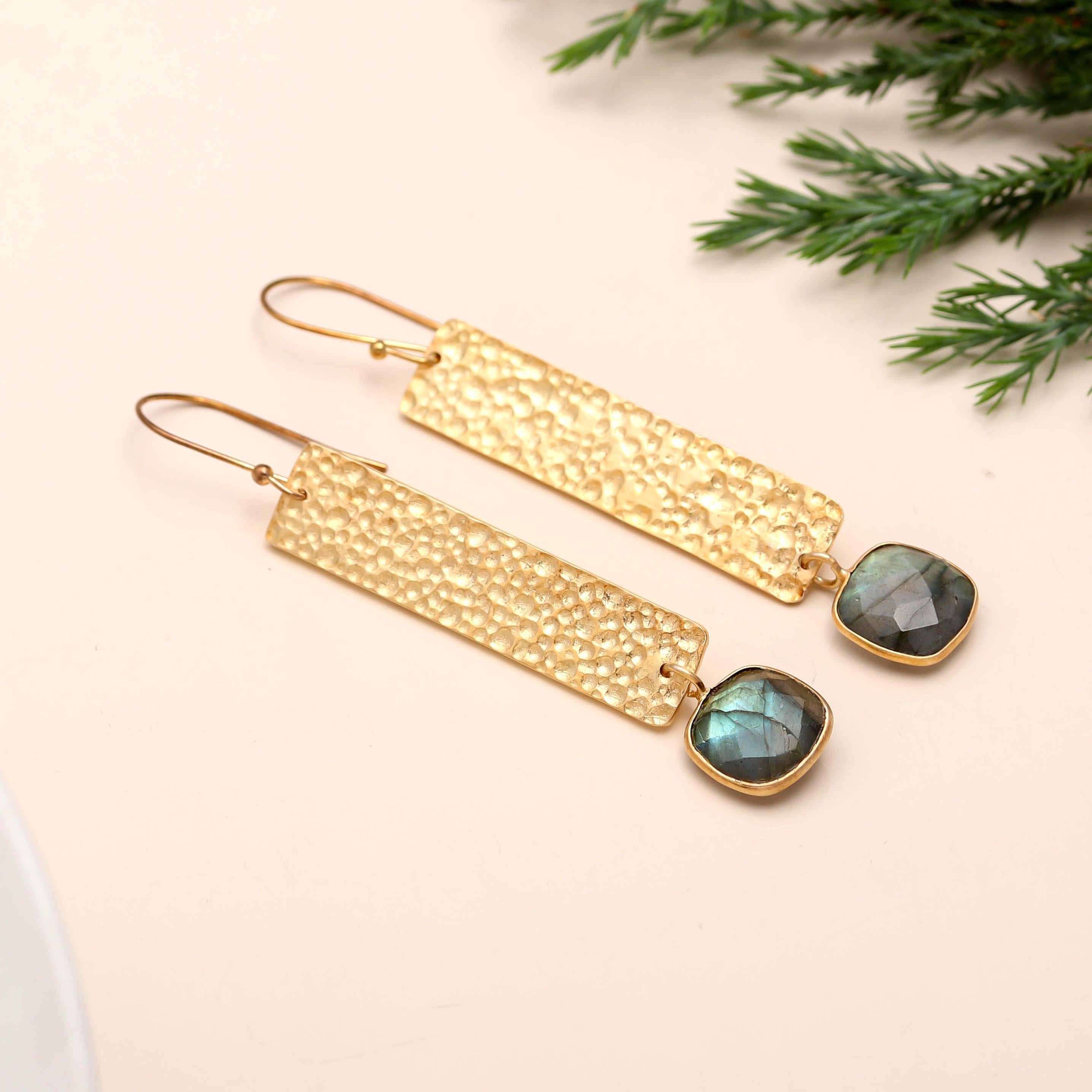 Brass Labradorite Dangle Earrings with Diamond Hammered Texture
