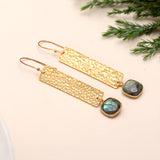 Brass Labradorite Dangle Earrings with Diamond Hammered Texture