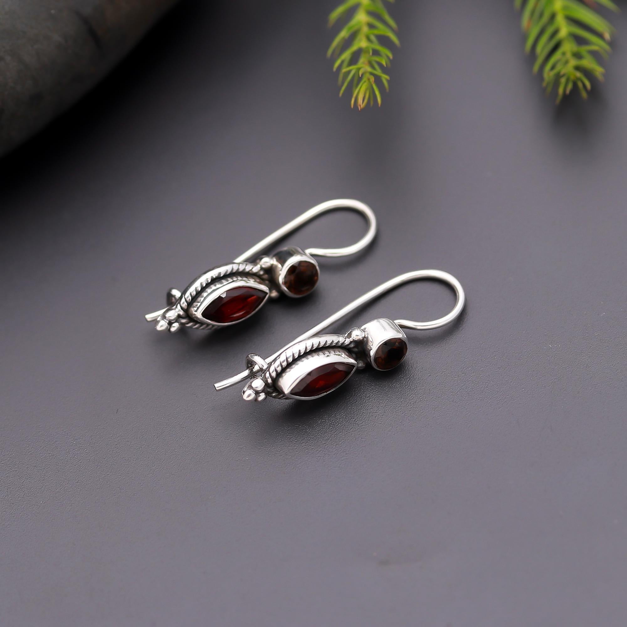 925 Silver Garnet Dangle Earrings