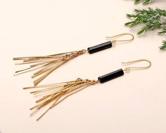 Brass Feather Earrings with Raw Black Tourmaline