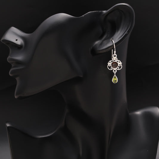 925 Silver Garnet and Peridot Filigree Dangle Earrings