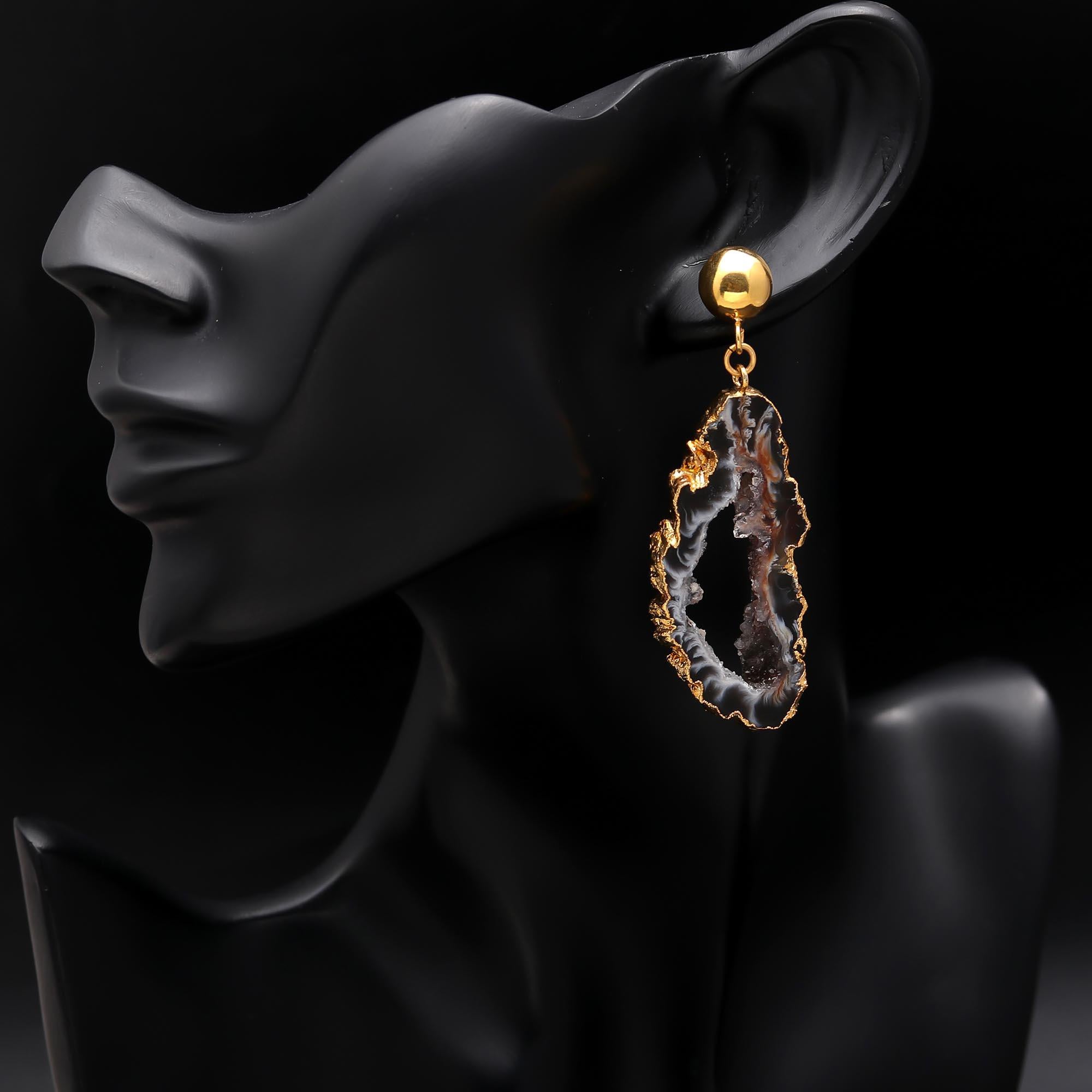Hypoallergenic Brass Tobacco Geode Slice Agate Drusy Drop Earrings