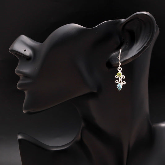 925 Silver Peridot and Blue Topaz Scroll Drop Earrings