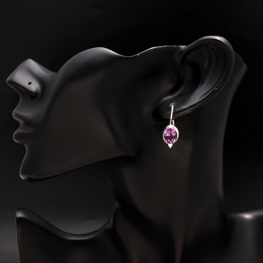925 Silver Oval Amethyst Dangle Earrings