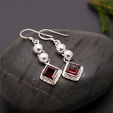 925 Silver Beads Garnet Dangle Earrings