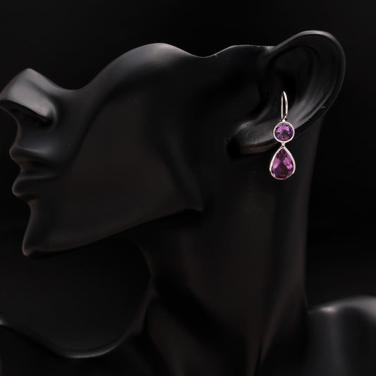 925 Silver Double Amethyst Dangle Earrings
