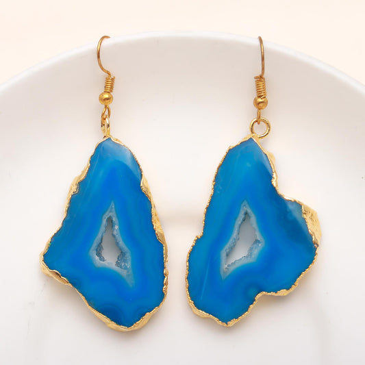 925 Silver Blue Agate Slice Dangle Earrings