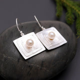 925 Silver Textured Square Pearl Dangle Earrings