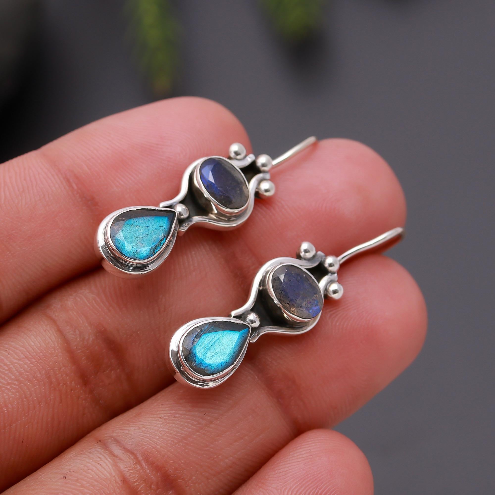 925 Silver Labradorite and Iolite Dangle Earrings