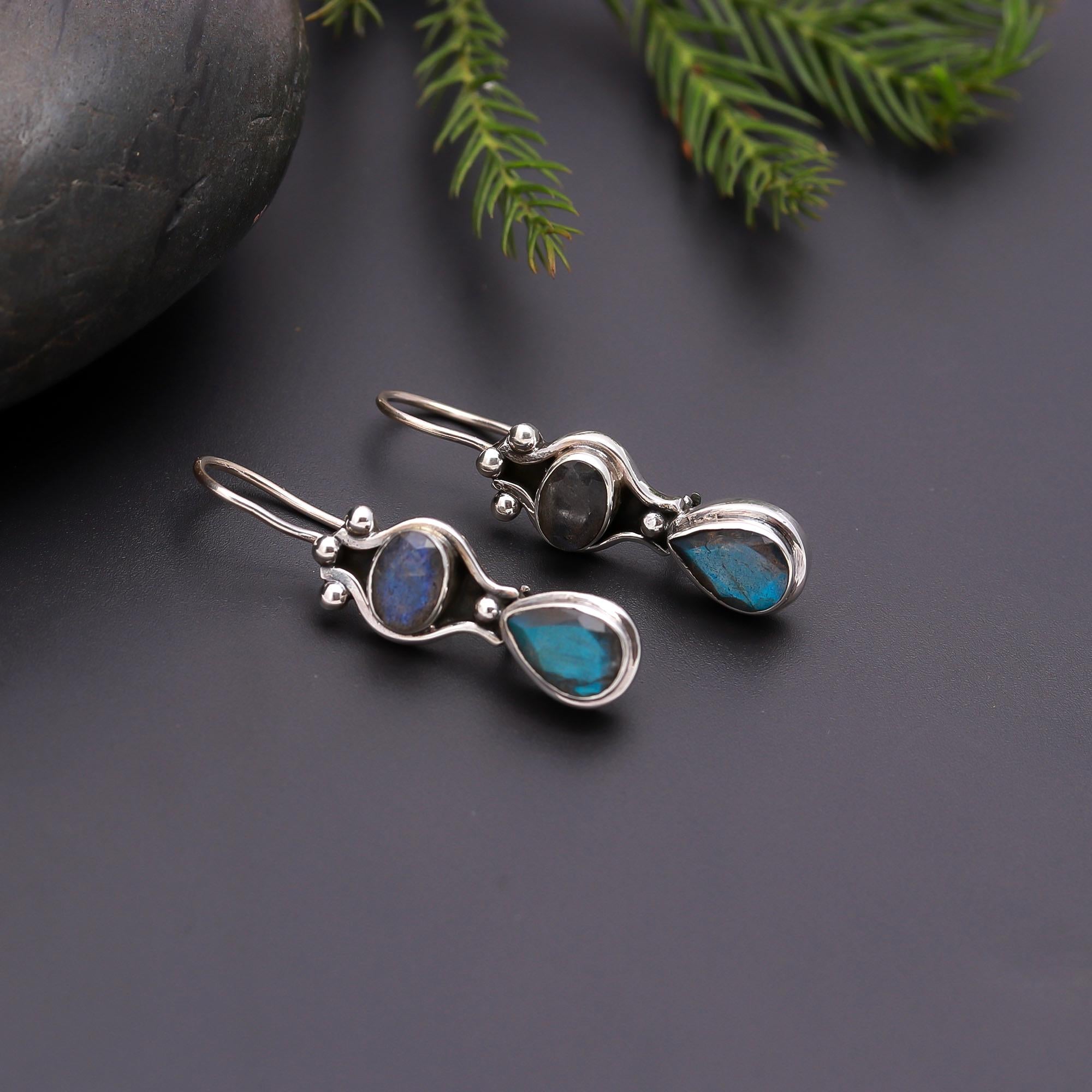 925 Silver Labradorite and Iolite Dangle Earrings