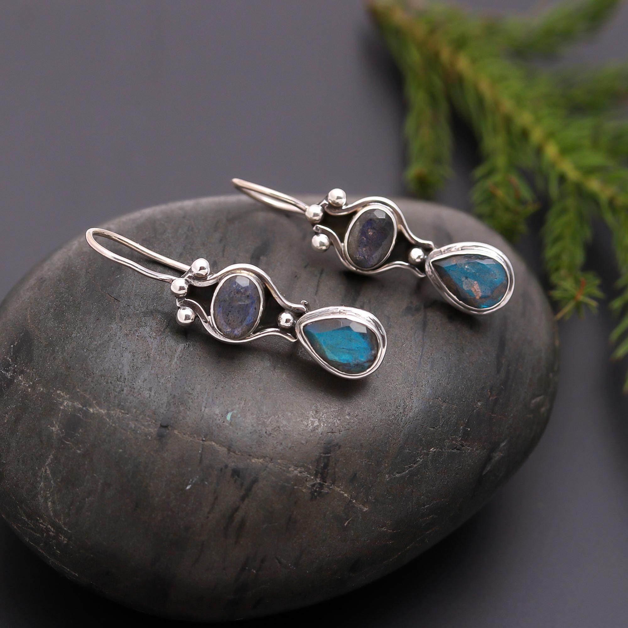 925 Silver Labradorite and Iolite Dangle Earrings