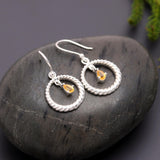 925 Silver Twisted Hoop Citrine Dangle Earrings