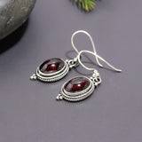 925 Silver Oval Garnet Dangle Earrings