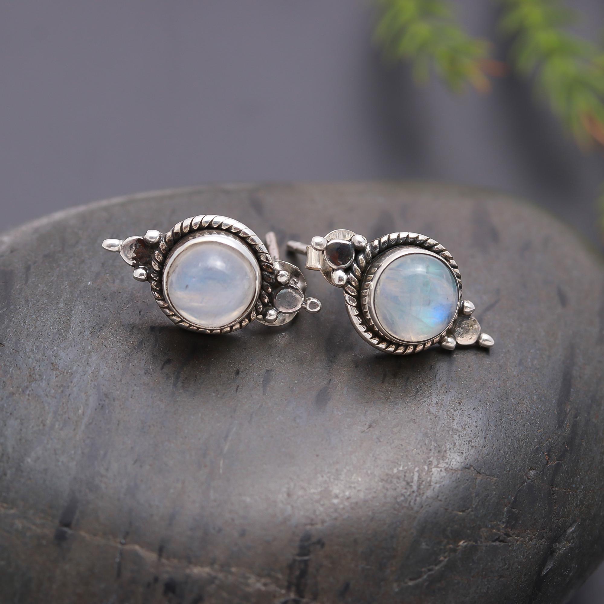 925 Silver Rainbow Moonstone Stud Earrings