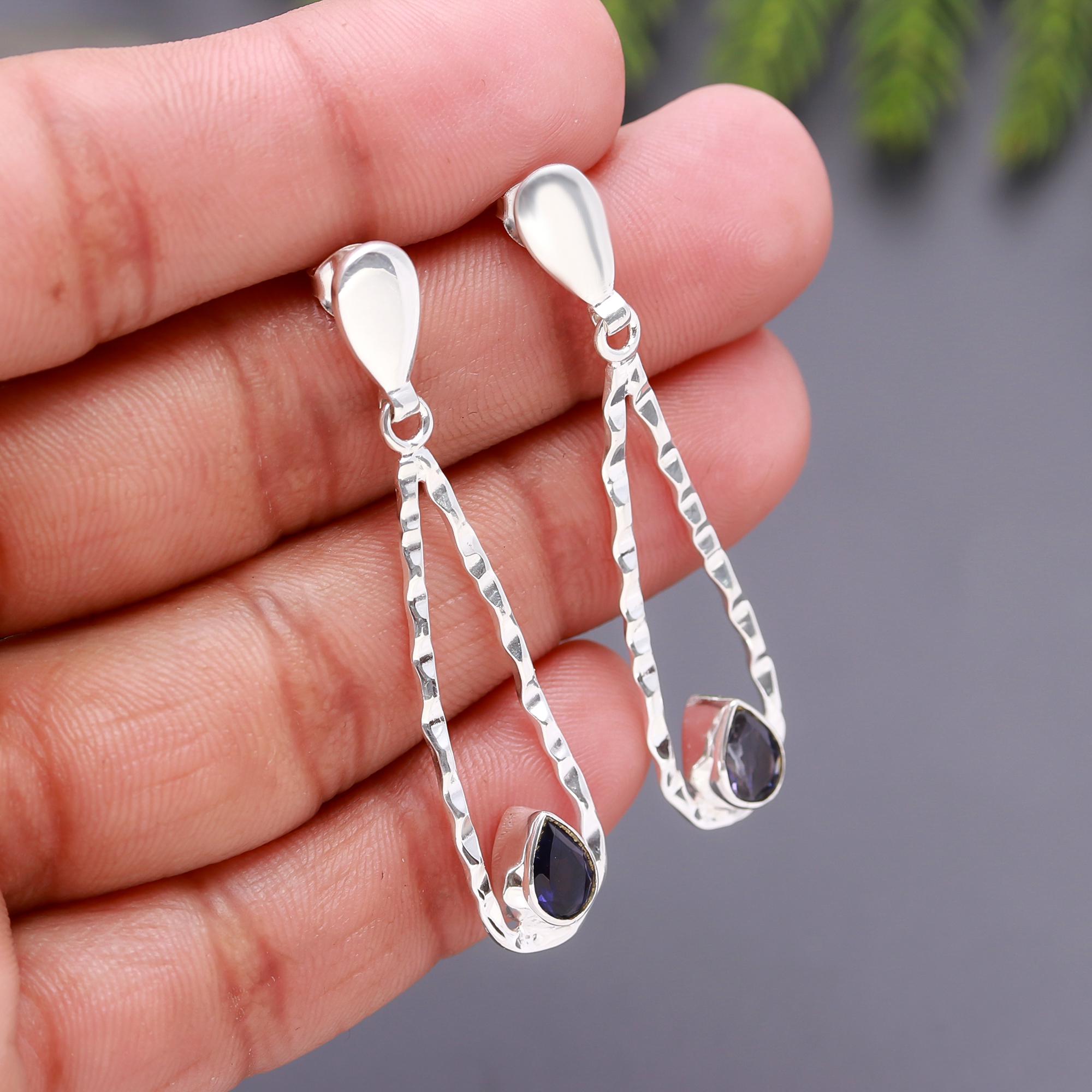 925 Silver Blue Sapphire Drop Earrings