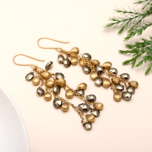 925 Silver Pyrite Cluster Dangle Earrings