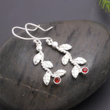 925 Silver Leaf Garnet Dangle Earrings
