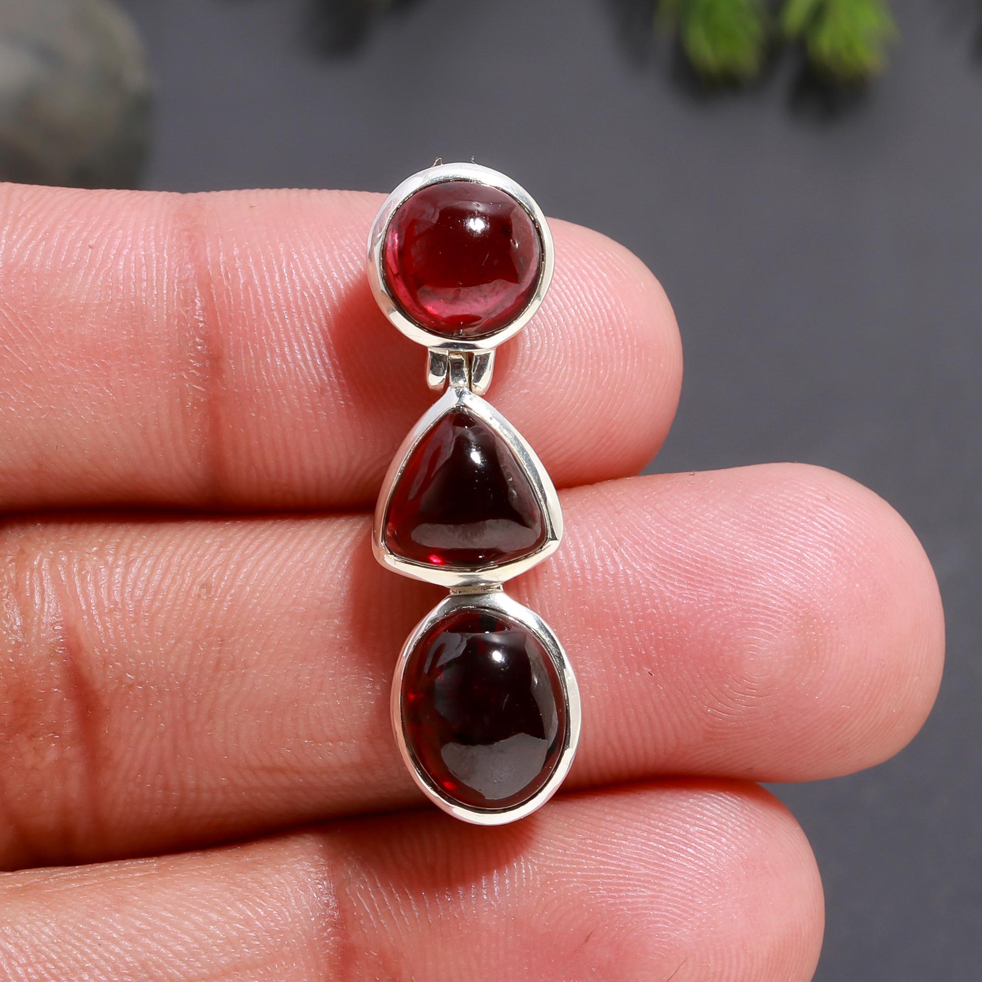 925 Silver Triple Garnet Drop Pendant