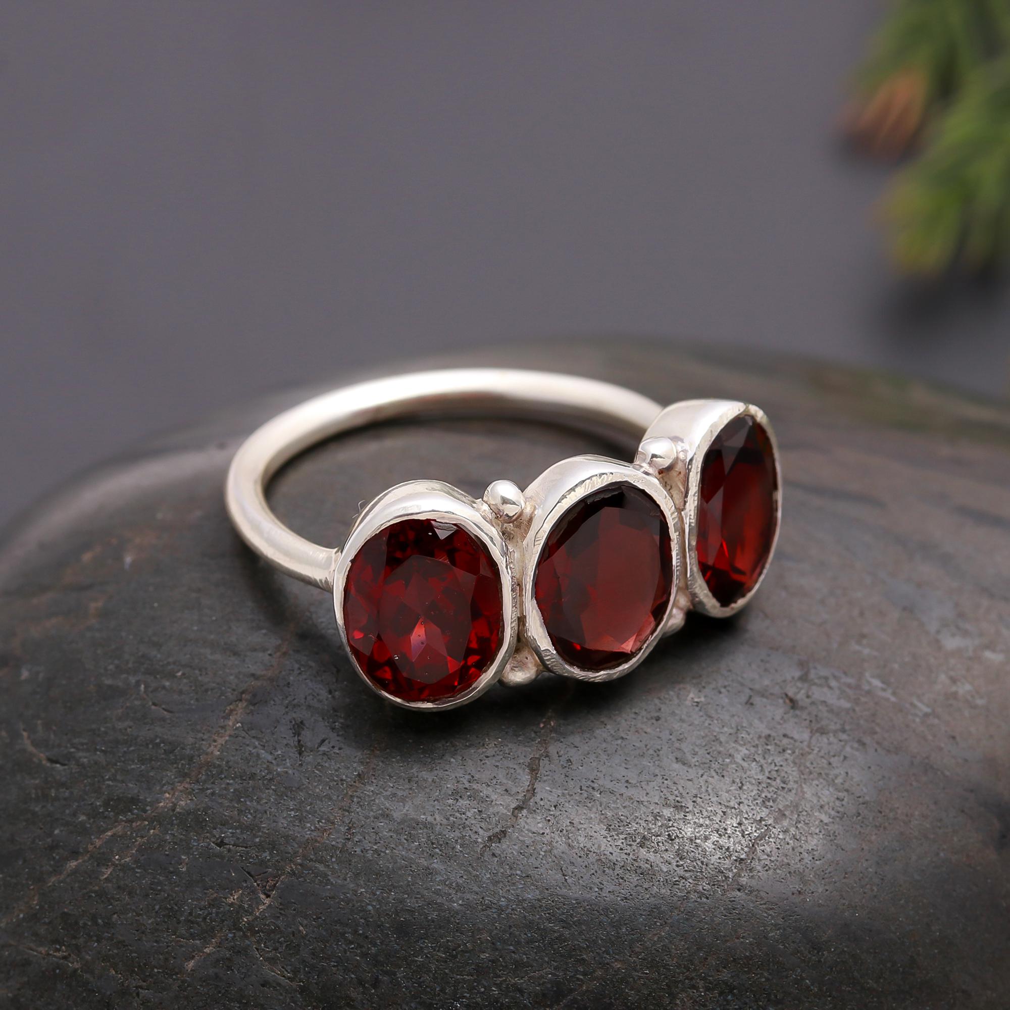 925 Silver Three-Stone Garnet Ring