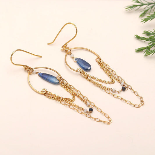 Brass Blue Kyanite Silverite Dangle Earrings