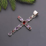 925 Silver Garnet & Amethyst Cross Pendant