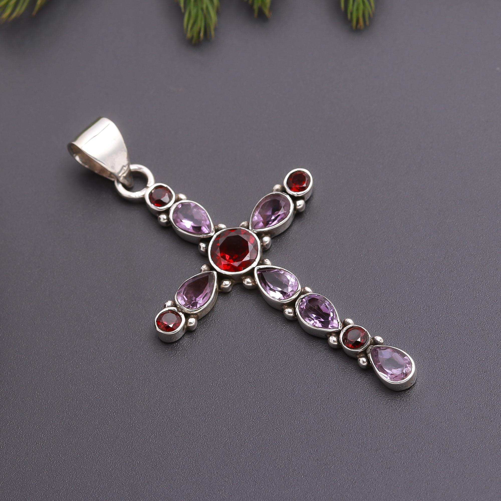 925 Silver Garnet & Amethyst Cross Pendant