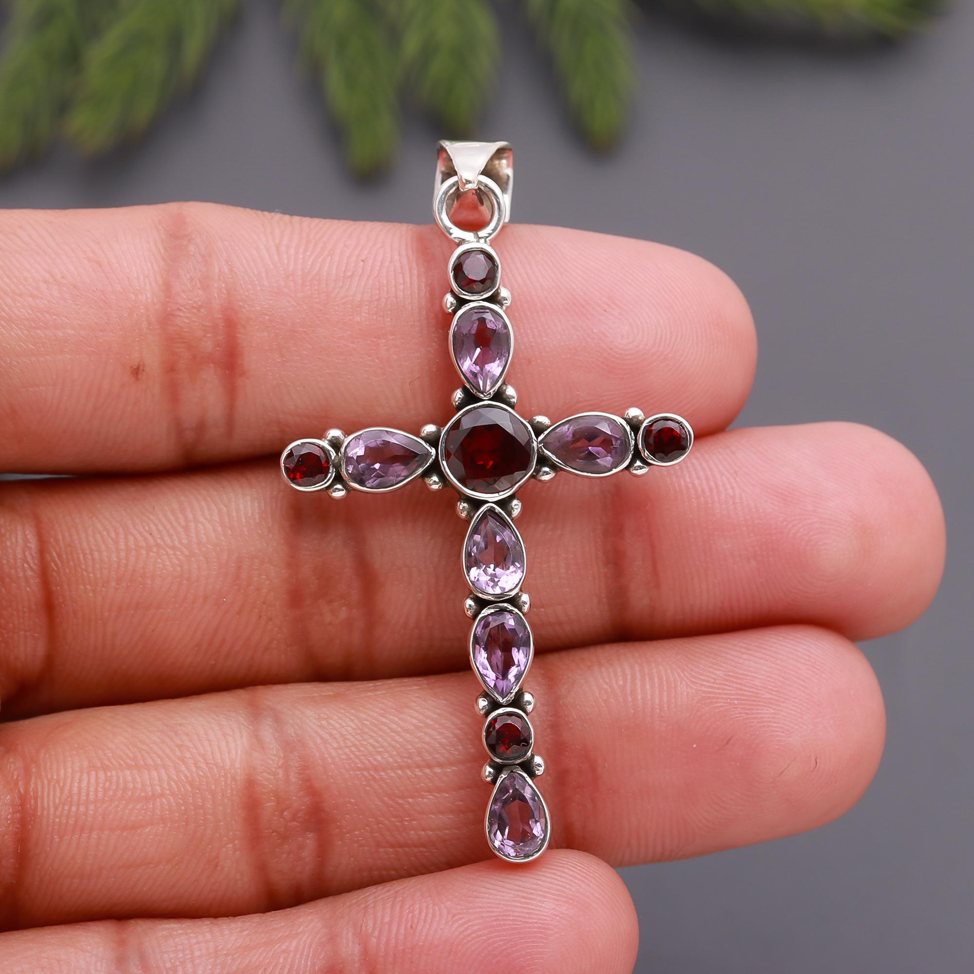 925 Silver Garnet & Amethyst Cross Pendant