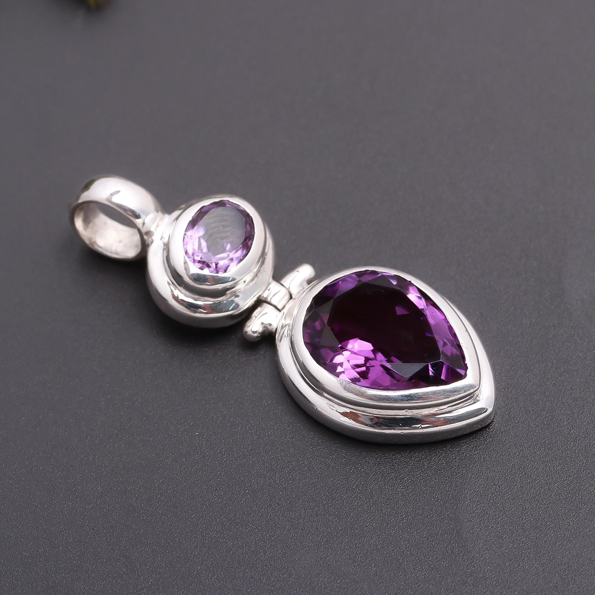925 Silver Double Amethyst Pendant
