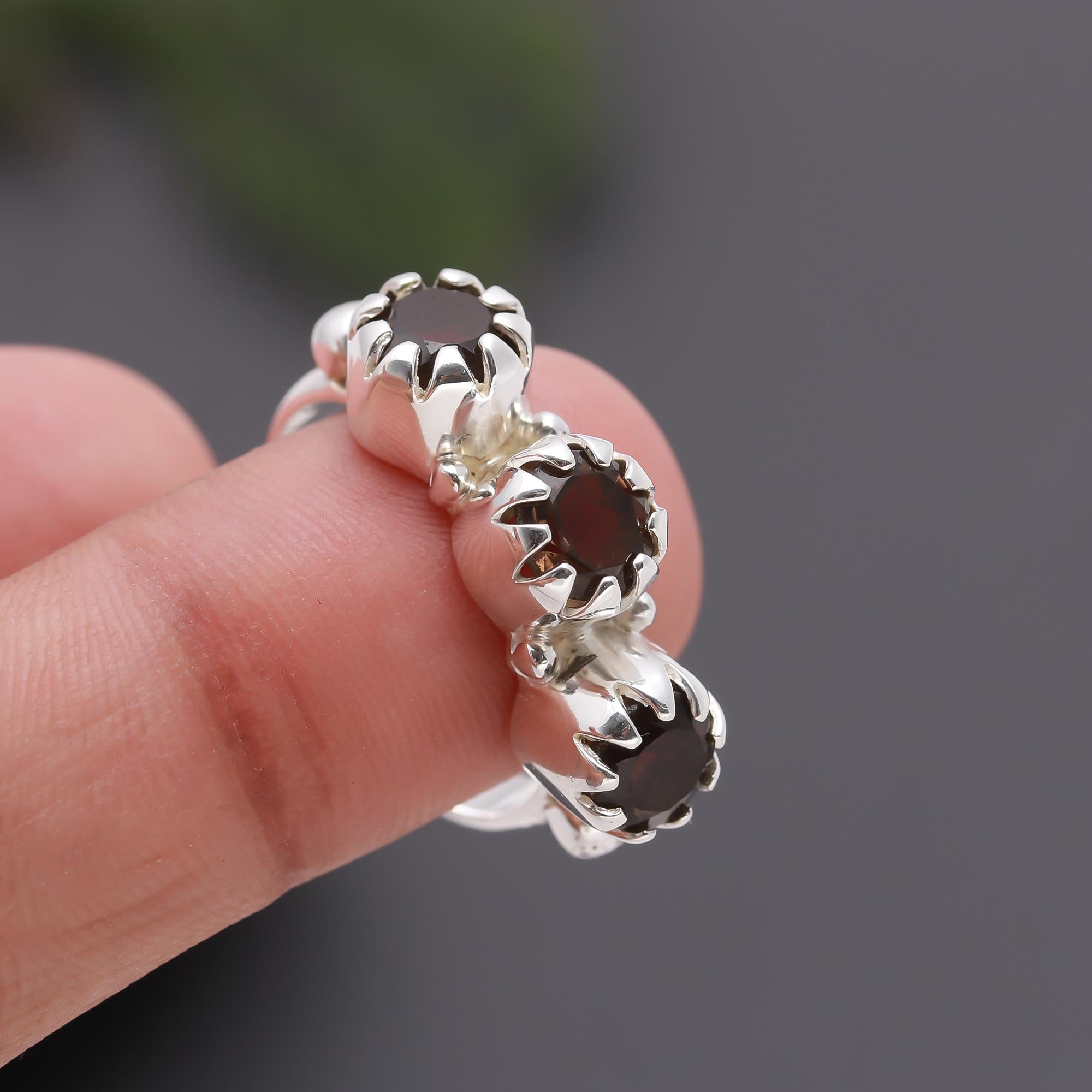 925 Silver Triple Garnet Ring