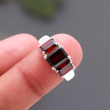 925 Silver Triple Emerald Cut Garnet Ring