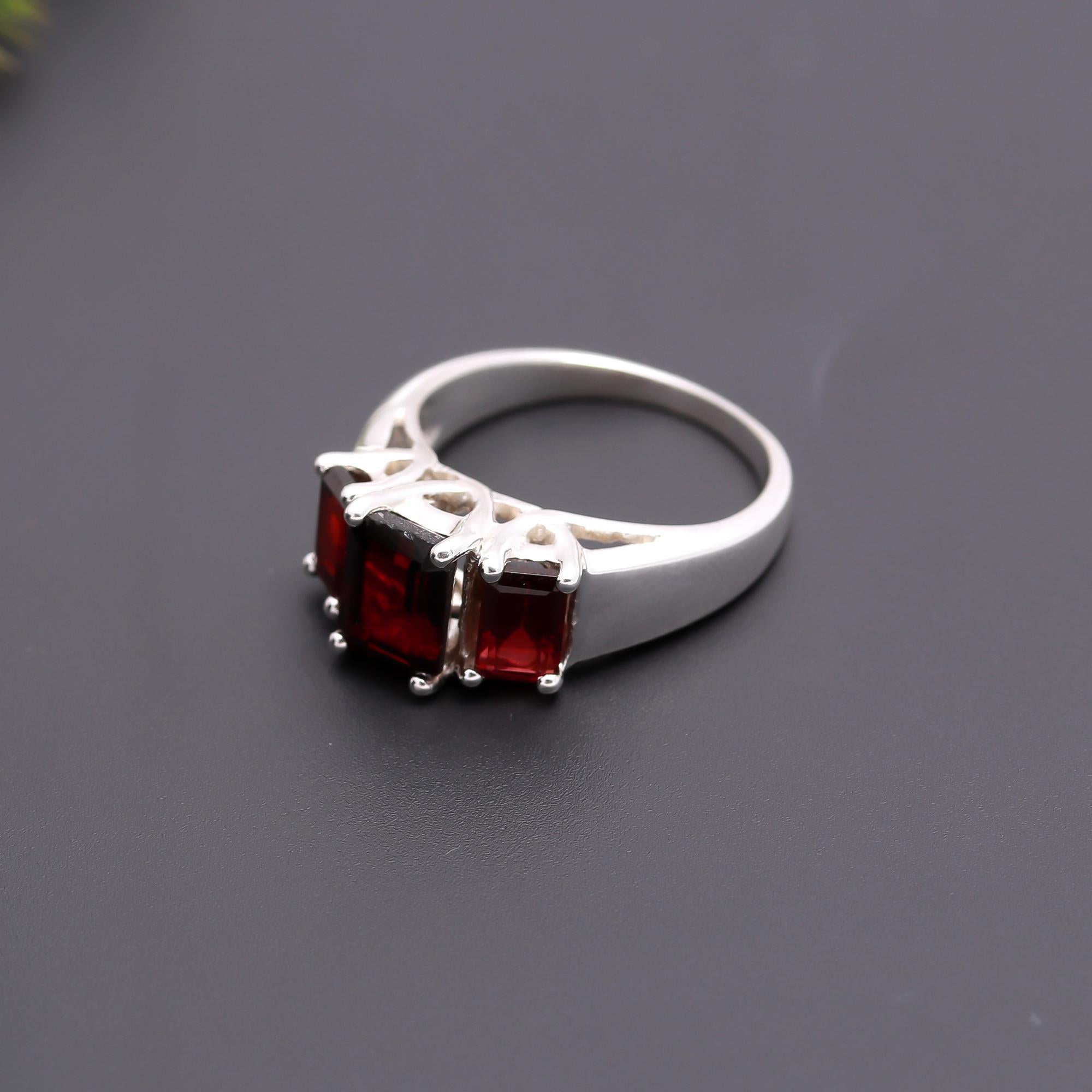 925 Silver Triple Emerald Cut Garnet Ring