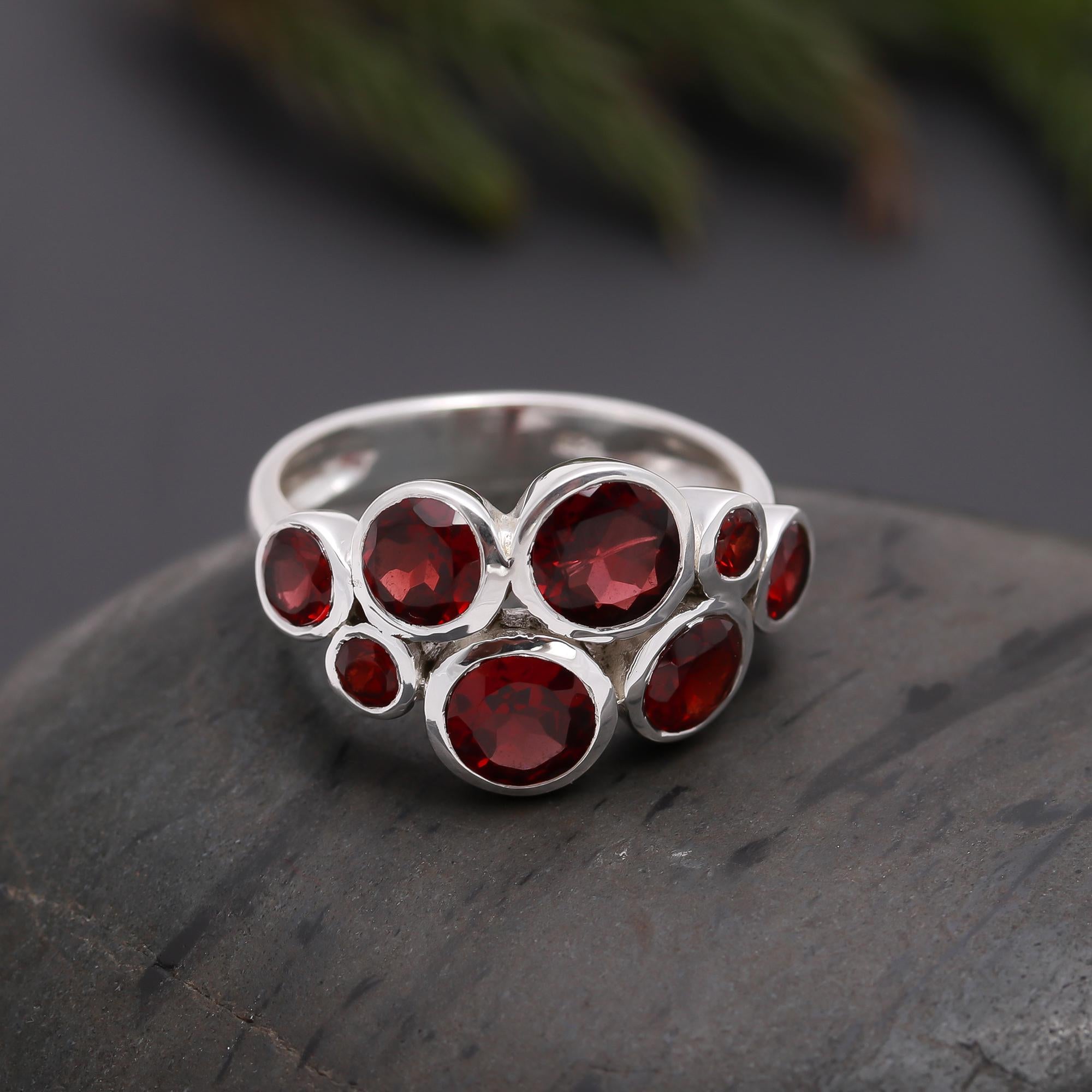 925 Silver Multi Garnet Bubble Cluster Ring