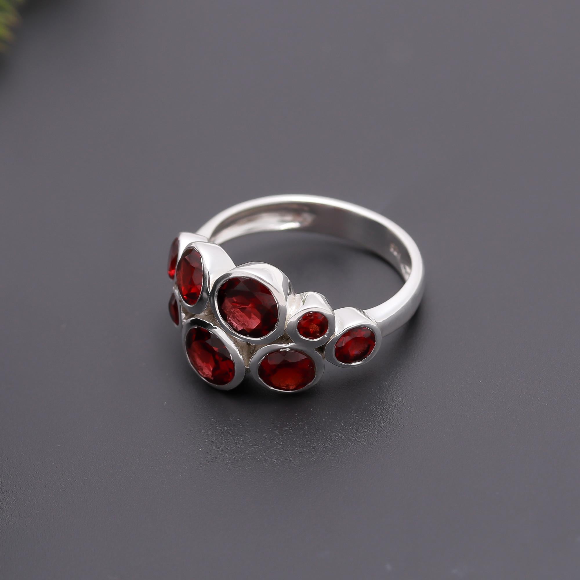 925 Silver Multi Garnet Bubble Cluster Ring