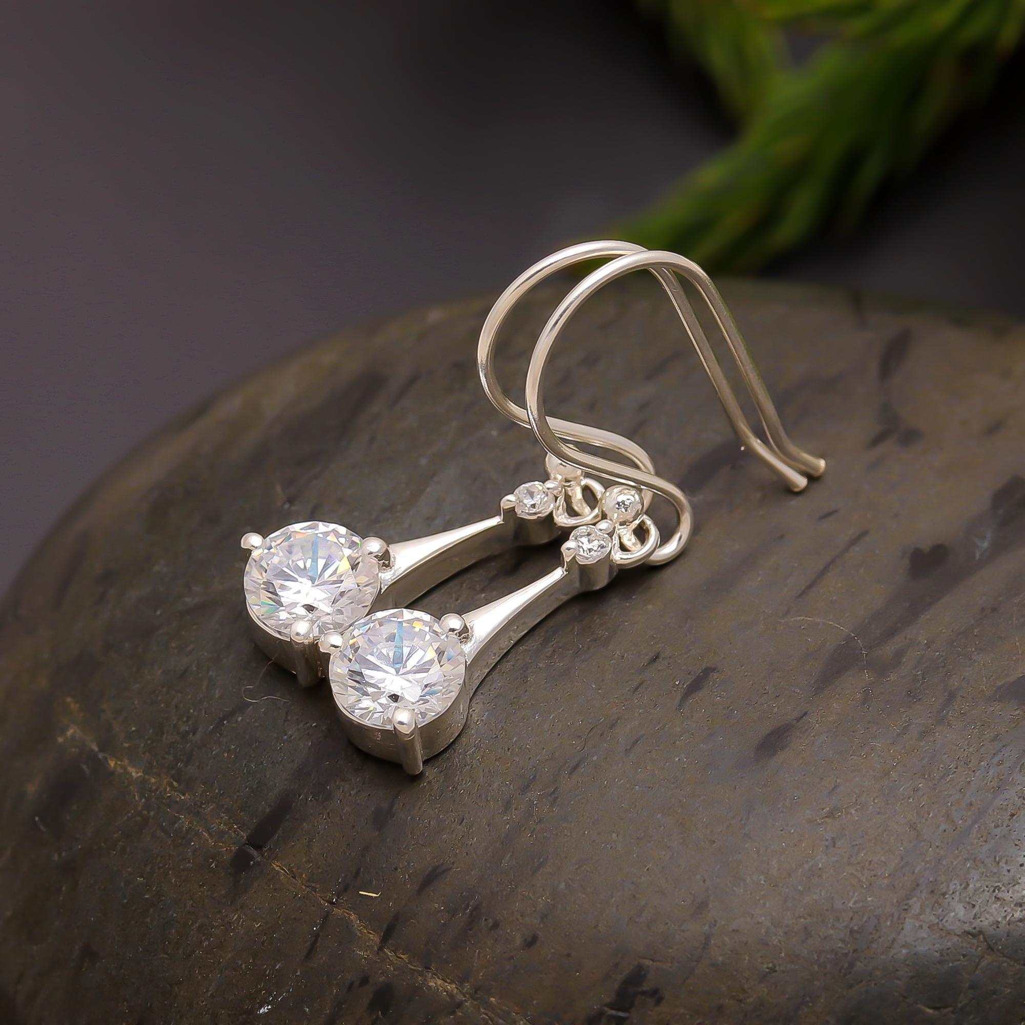 925 Silver Round CZ Drop Hook Earrings