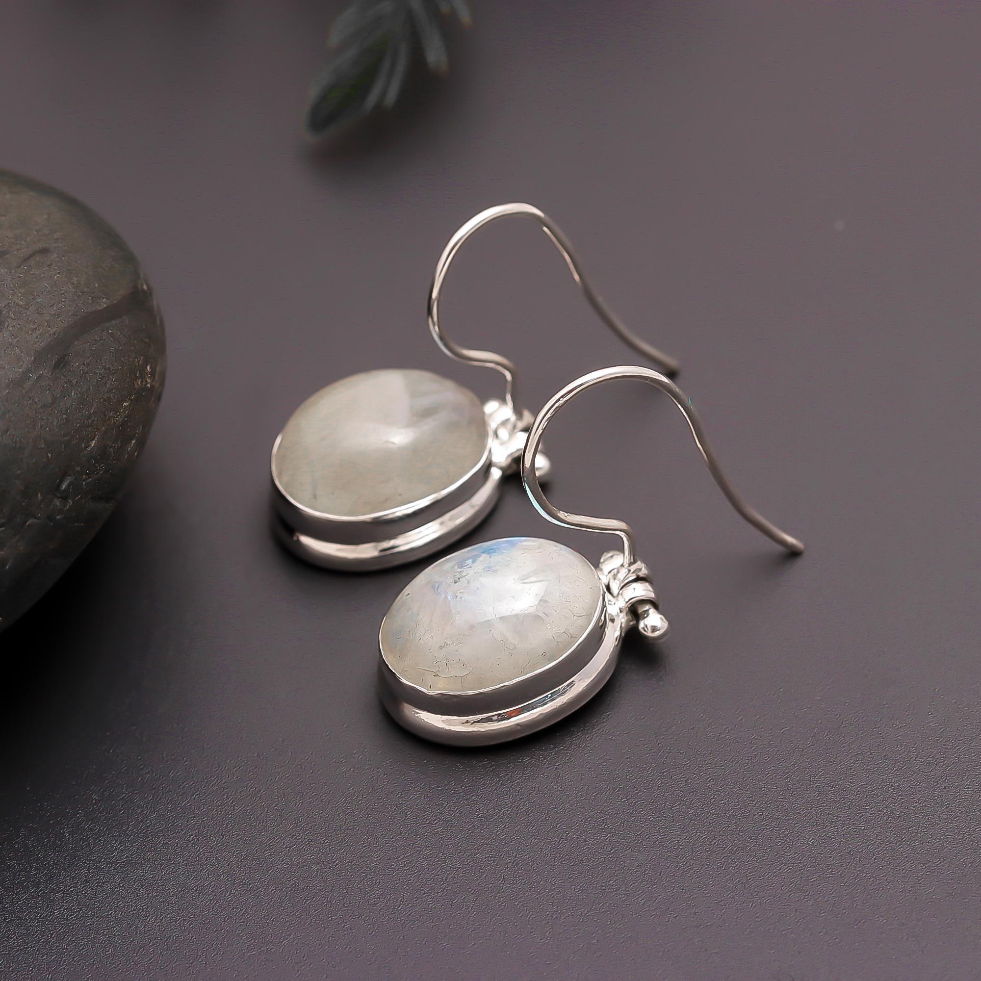 925 Silver Oval Moonstone Drop Earrings