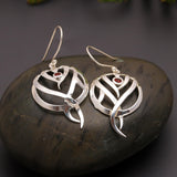 925 Silver Modern Leaf Vine Earrings with Garnet Accent