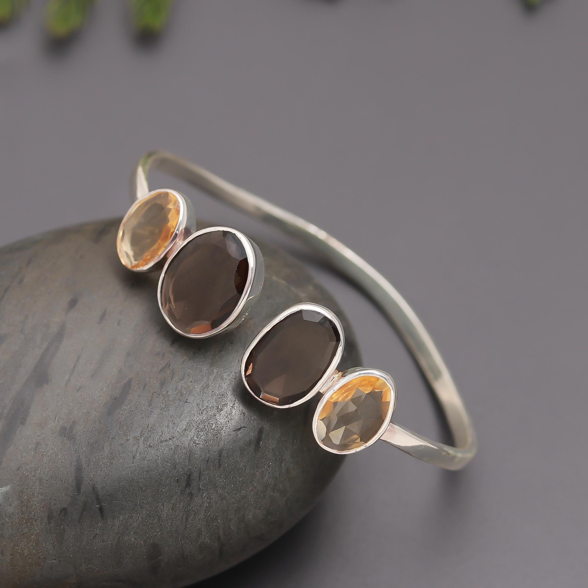 925 Silver Citrine & Smoky Quartz Cuff Bracelet