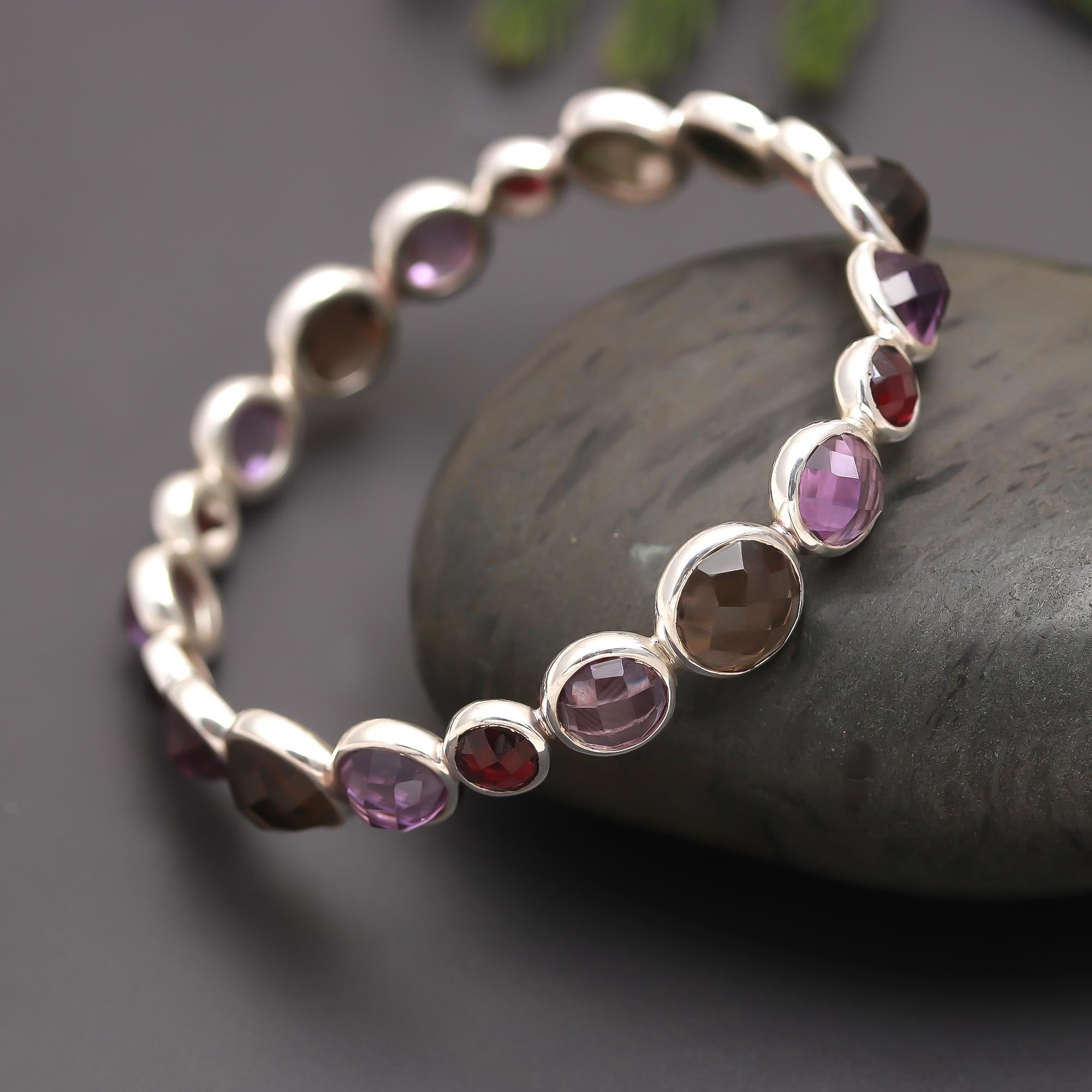 925 Silver Multi-Gemstone Faceted Bangle Bracelet