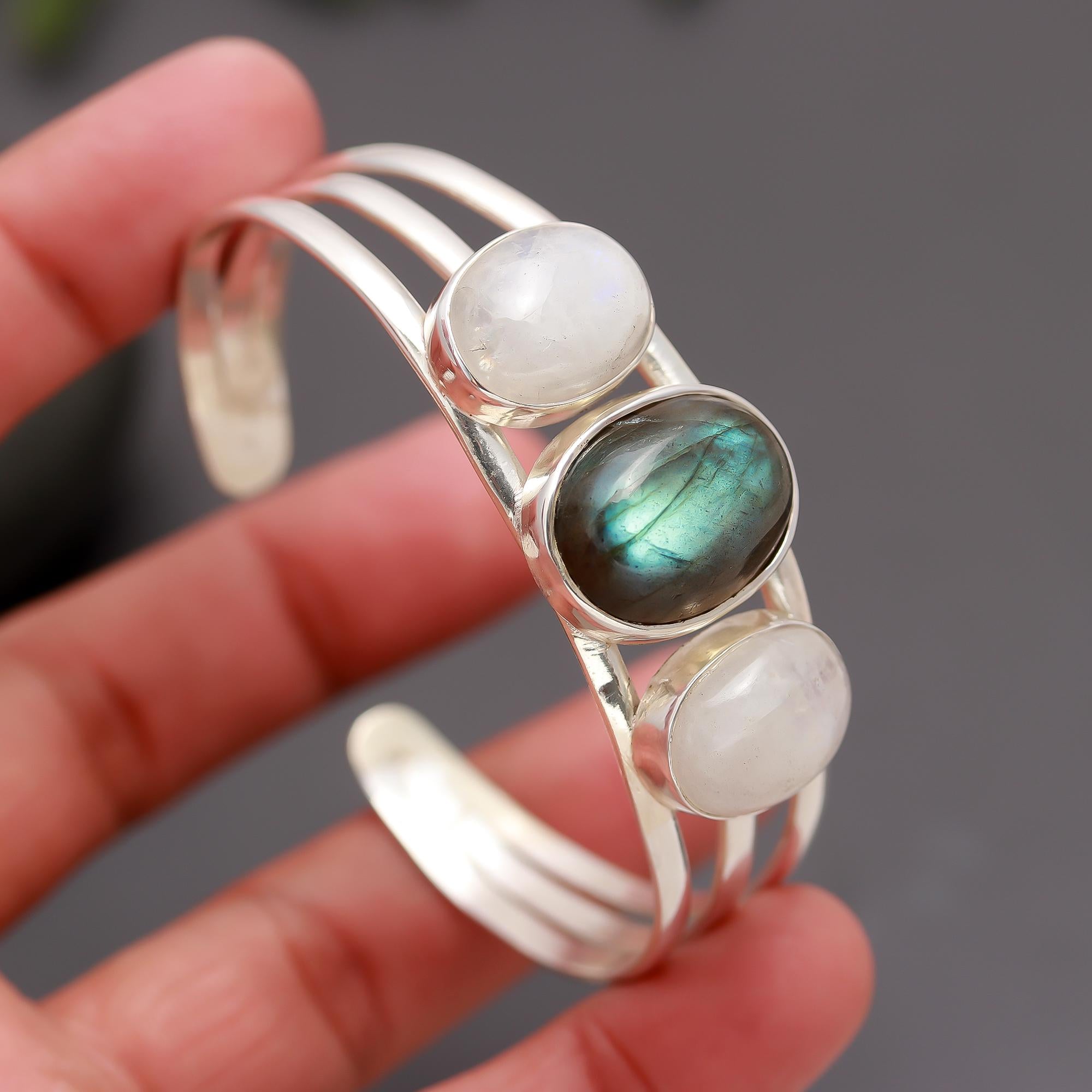 925 Silver Labradorite & Moonstone Cuff Bracelet