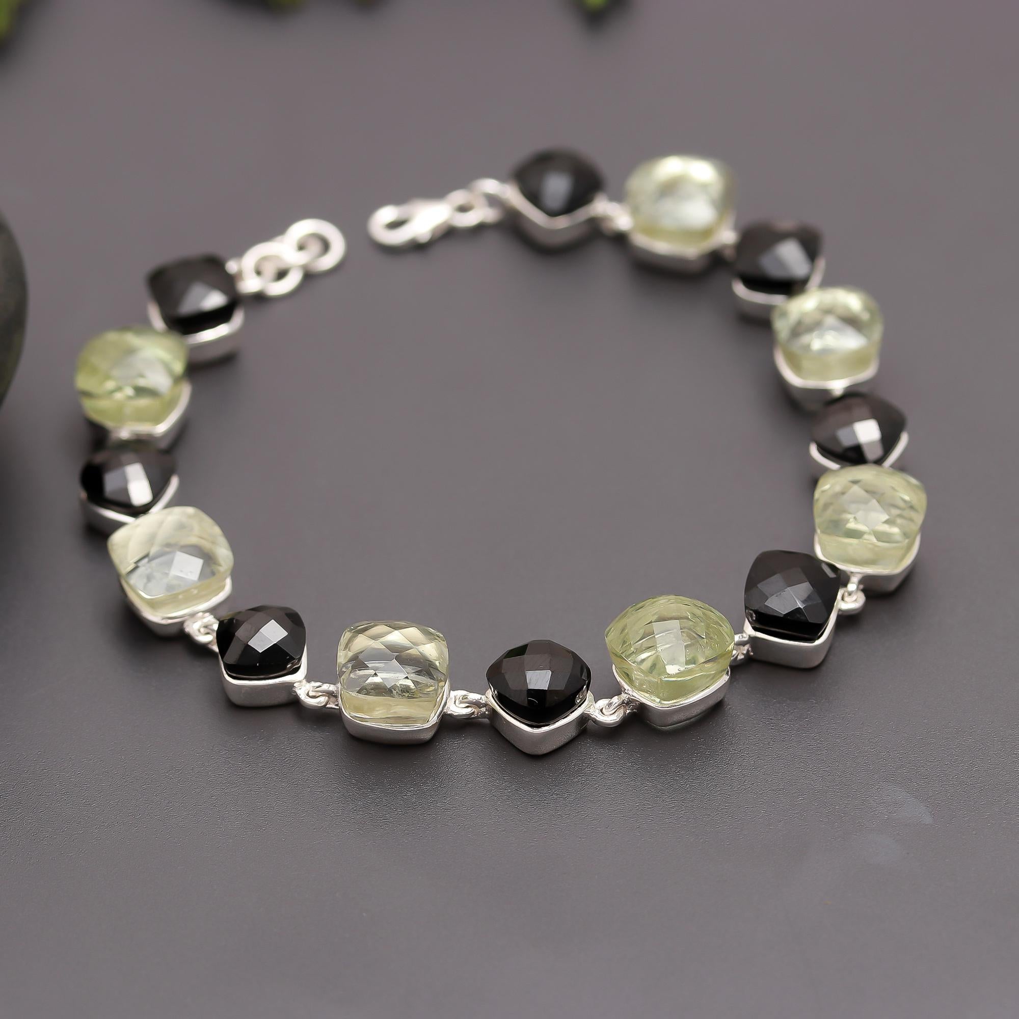 925 Silver Quartz & Onyx Link Bracelet