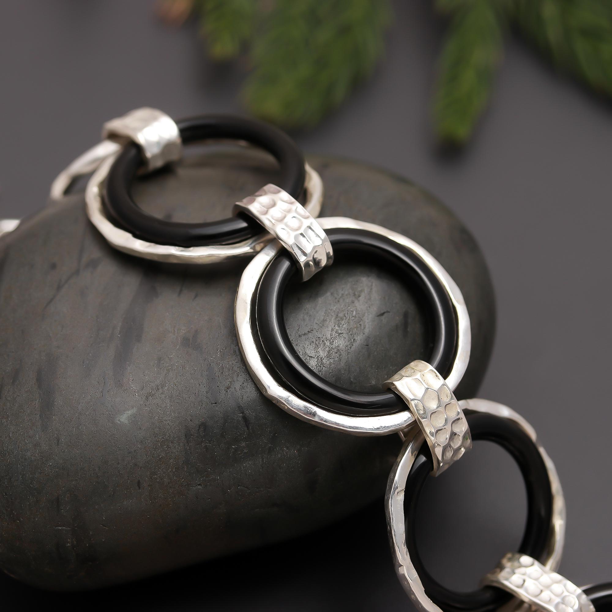 925 Silver & Black Onyx Circle Link Statement Bracelet