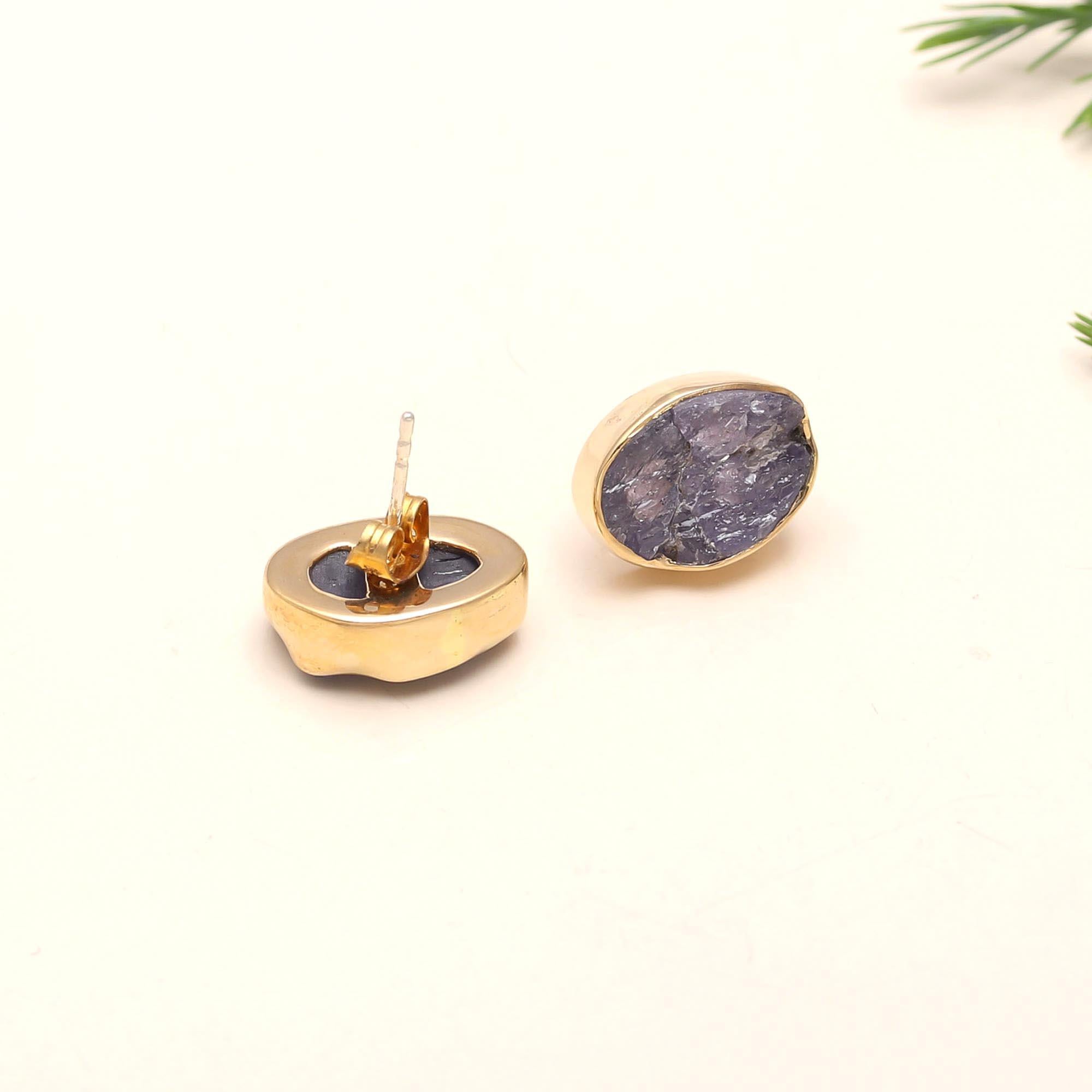 925 Silver Raw Tanzanite Stud Earrings